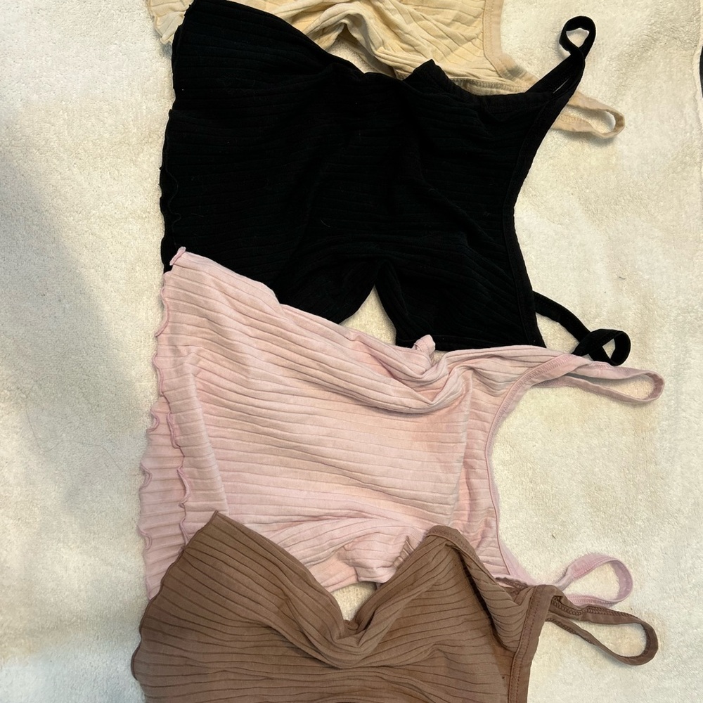 Set of Ribbed Camisoles in Black, Pink, cream and Brown